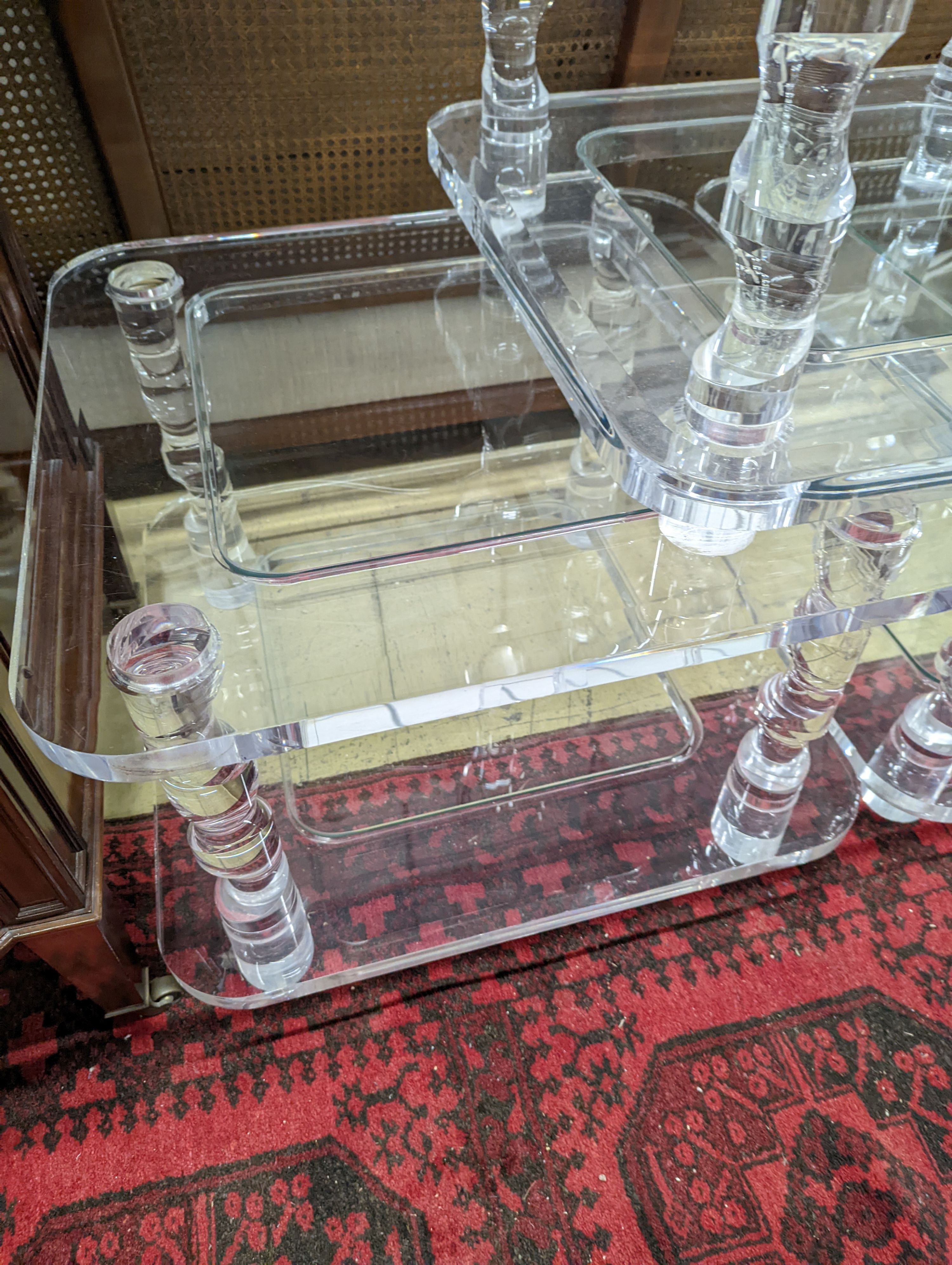 A set of three contemporary square perspex and glass two tier occasional tables, width 60cm, height 40cm